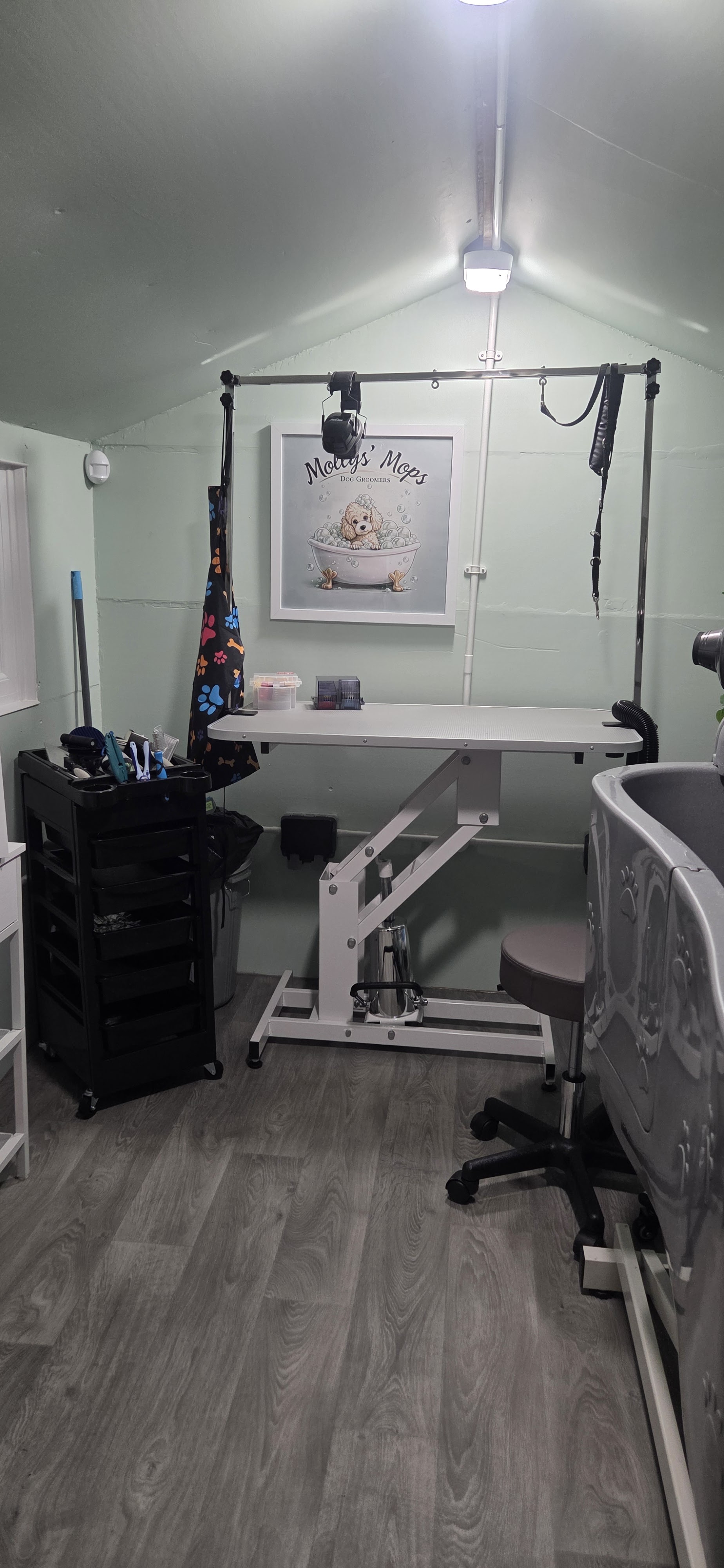 Inside the groom room: grooming table, bath, storage and the logo print on the wall